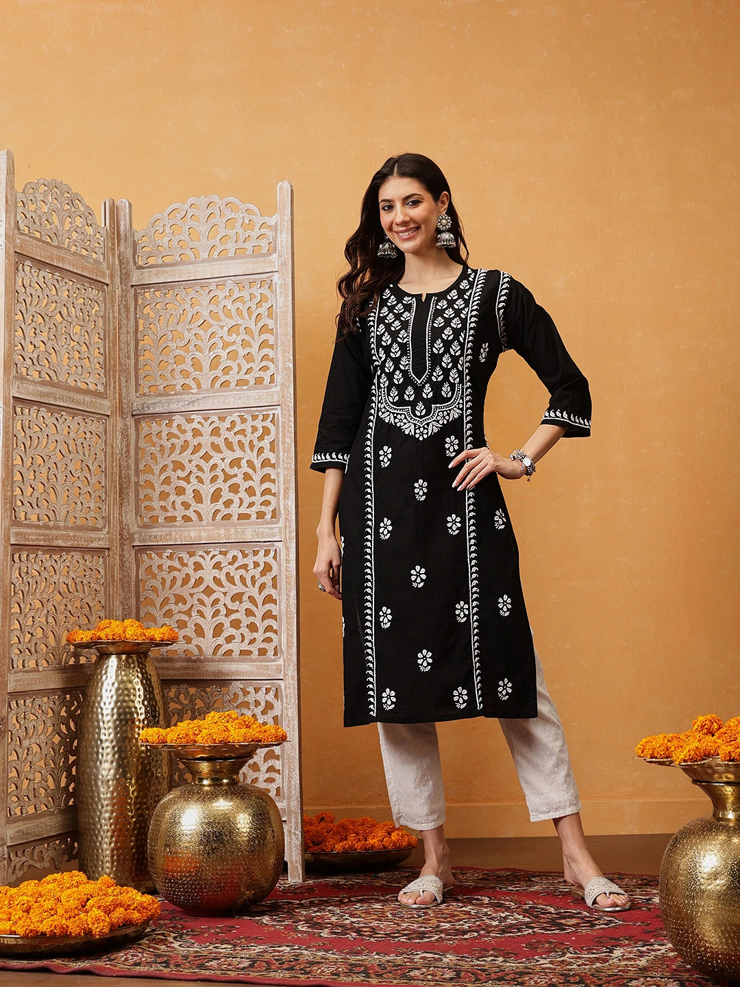 Ada Hand Embroidered Black Cotton Lucknowi Chikankari Straight Kurta A411751
