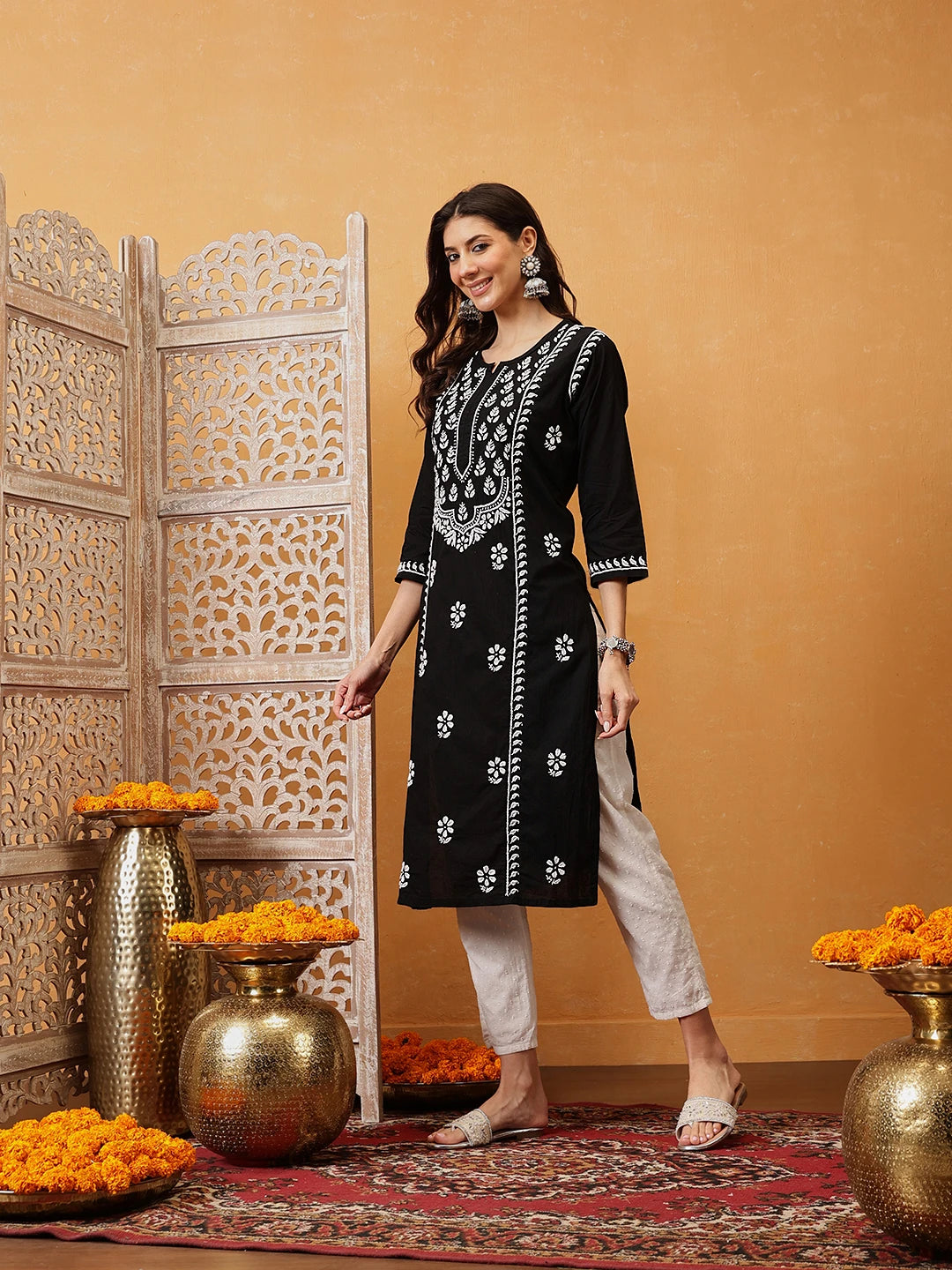 Ada Hand Embroidered Black Cotton Lucknowi Chikankari Straight Kurta A411751