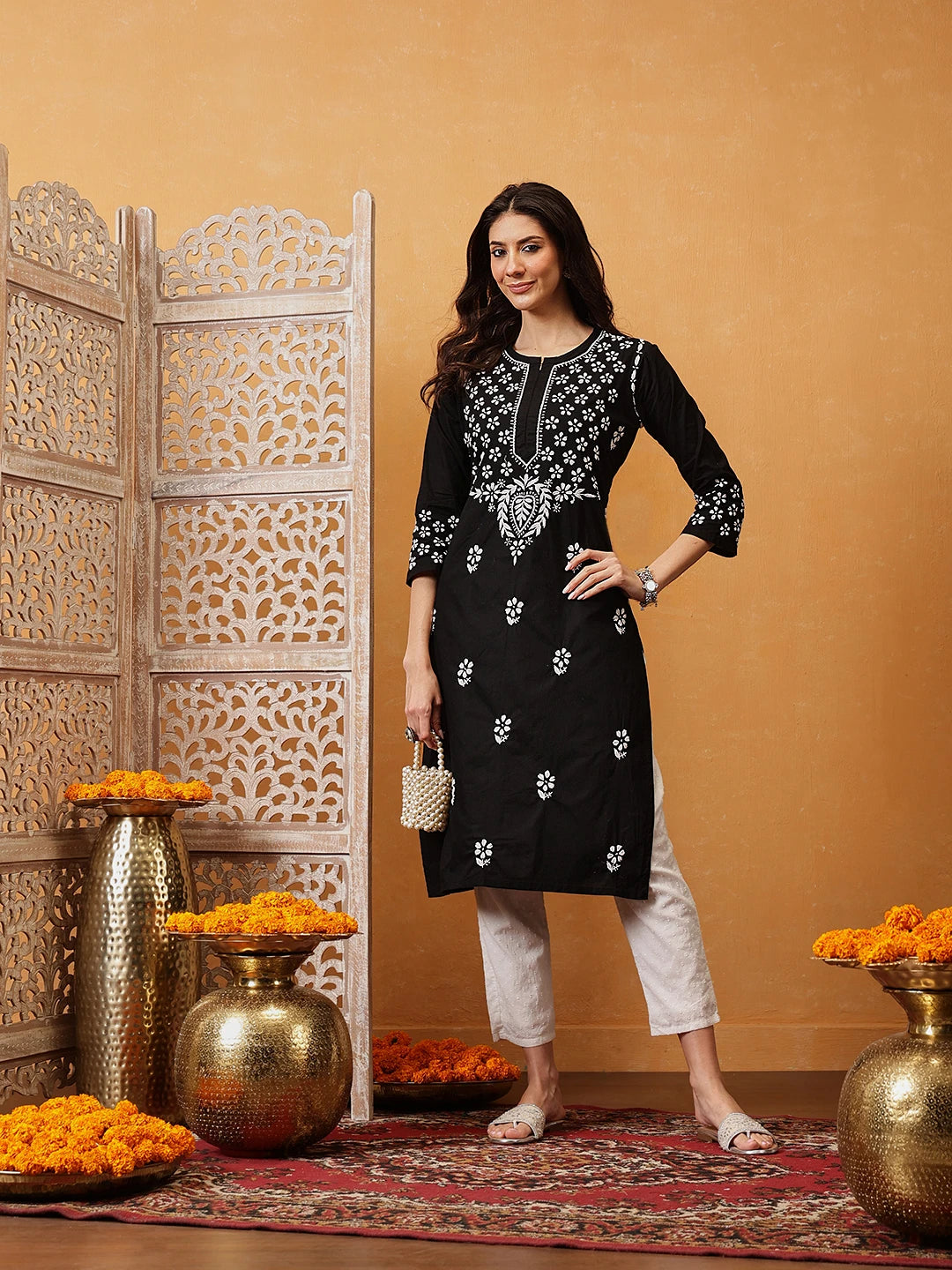 Ada Hand Embroidered Black Cotton Lucknowi Chikankari Straight Kurta A411750