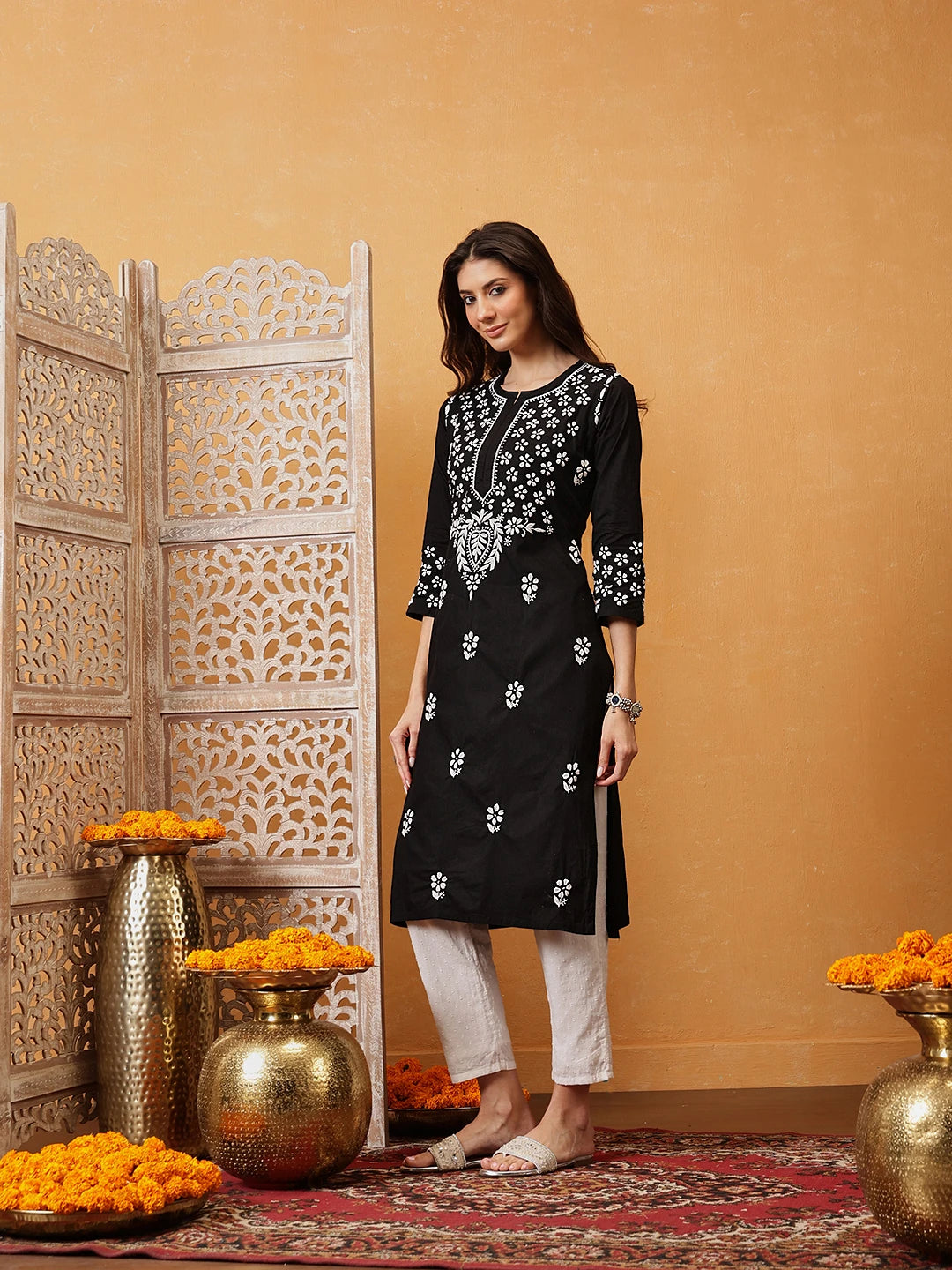 Ada Hand Embroidered Black Cotton Lucknowi Chikankari Straight Kurta A411750