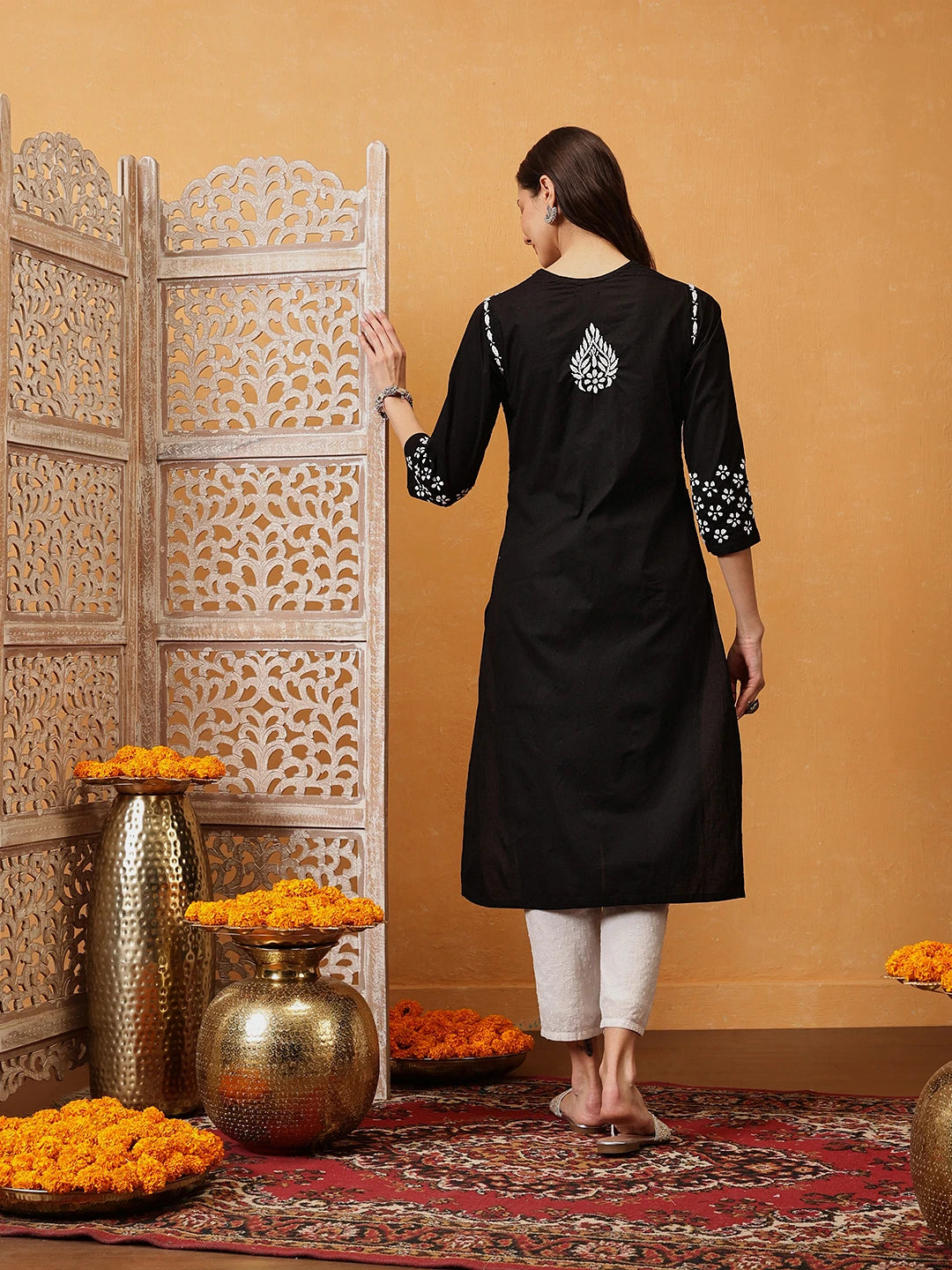 Ada Hand Embroidered Black Cotton Lucknowi Chikankari Straight Kurta A411750