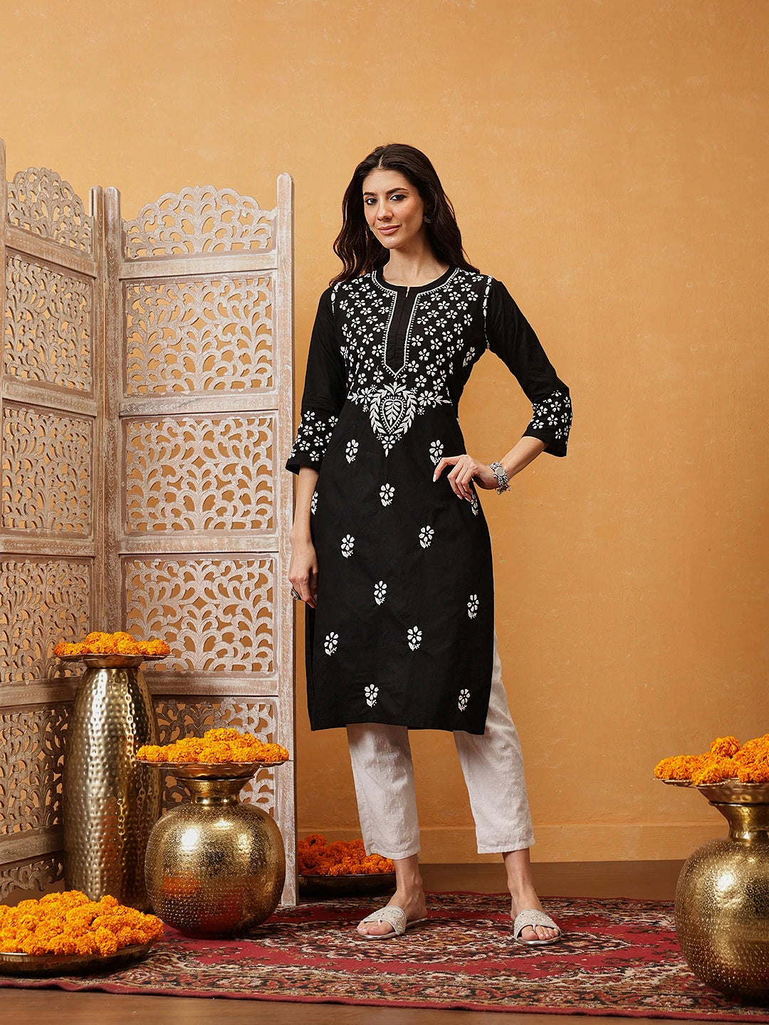 Ada Hand Embroidered Black Cotton Lucknowi Chikankari Straight Kurta A411750