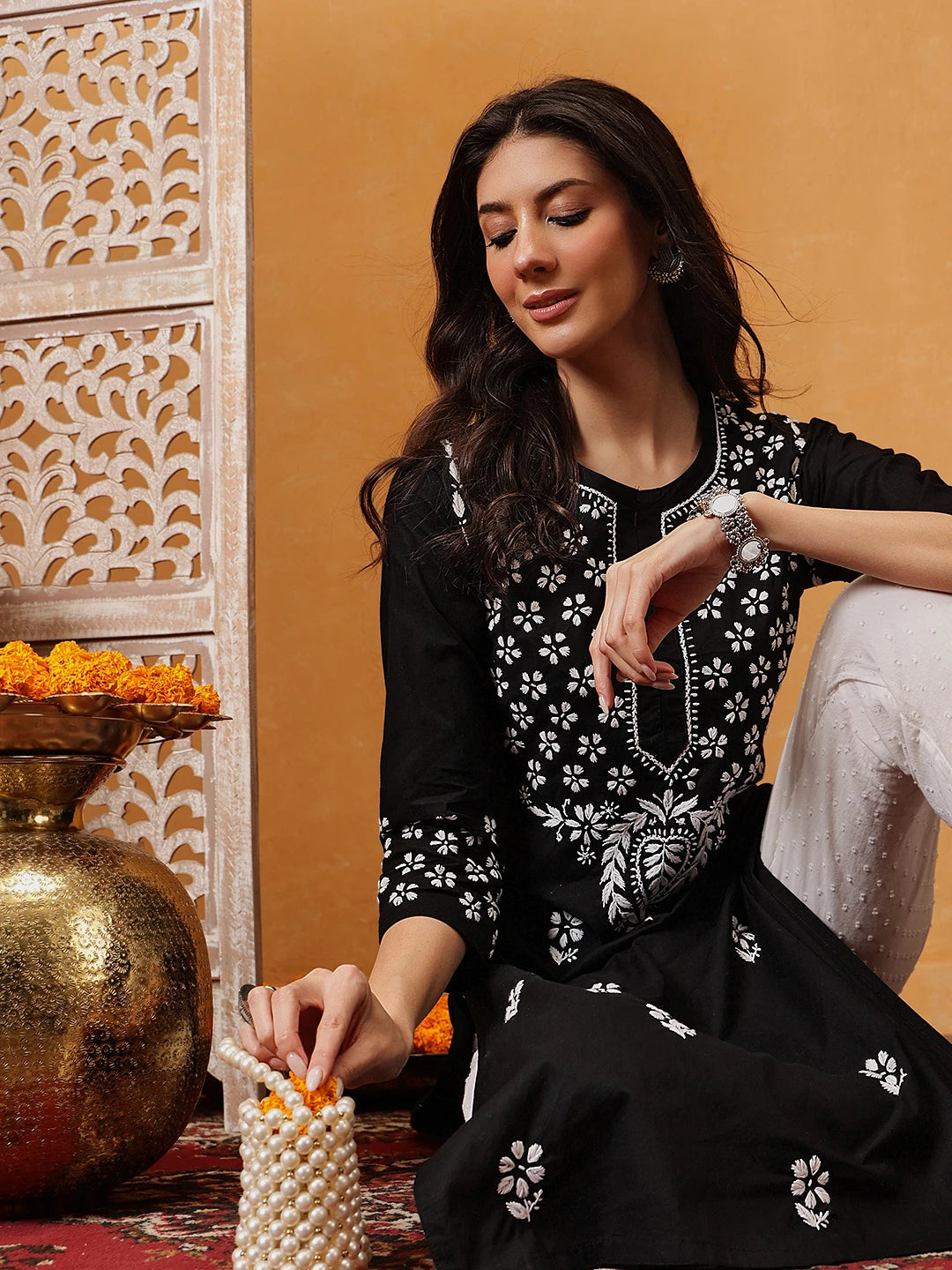 Ada Hand Embroidered Black Cotton Lucknowi Chikankari Straight Kurta A411750