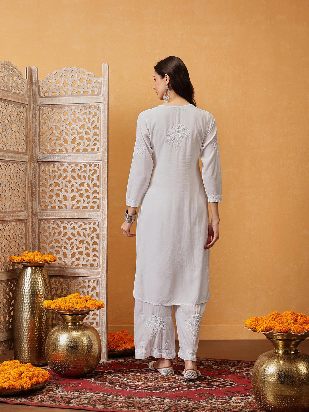 Ada Hand Embroidered White Cotton Lucknowi Chikankari Straight Kurta/Palazzo Set With Muqaish Work A100487