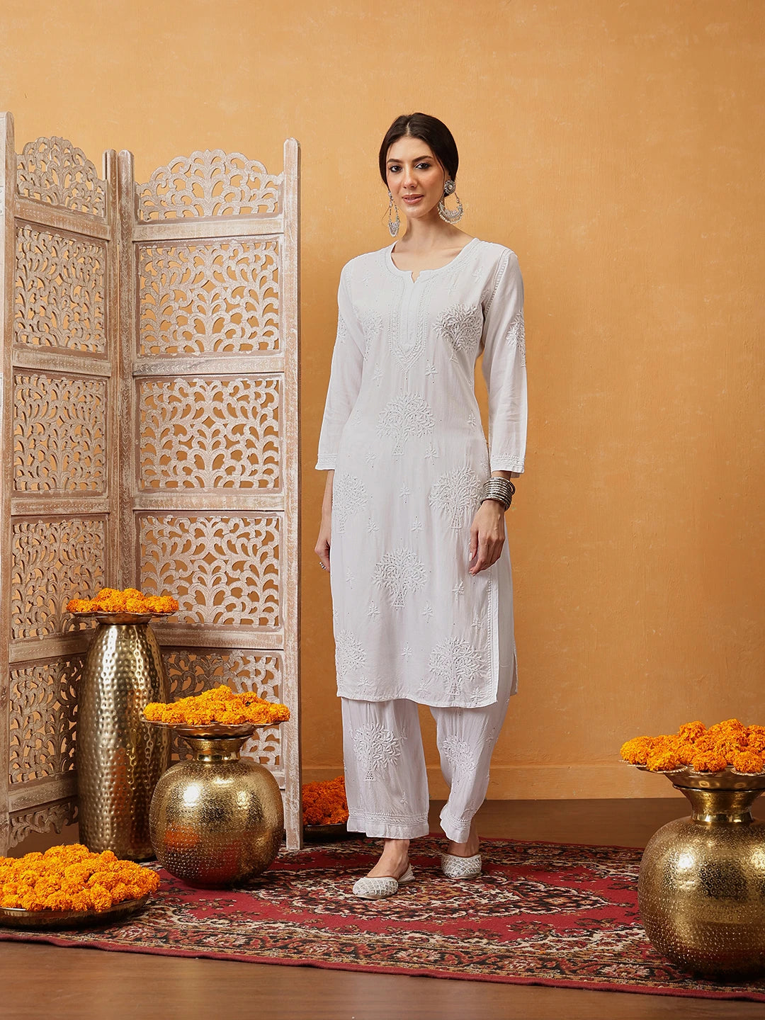 Ada Hand Embroidered White Cotton Lucknowi Chikankari Straight Kurta/Palazzo Set With Muqaish Work A100487