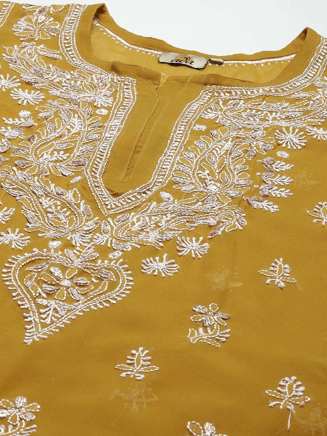 Ada Hand Embroidered Mehndi Green Georgette Lucknow Chikan Kurta/Slip with Gota Patti Work A411354