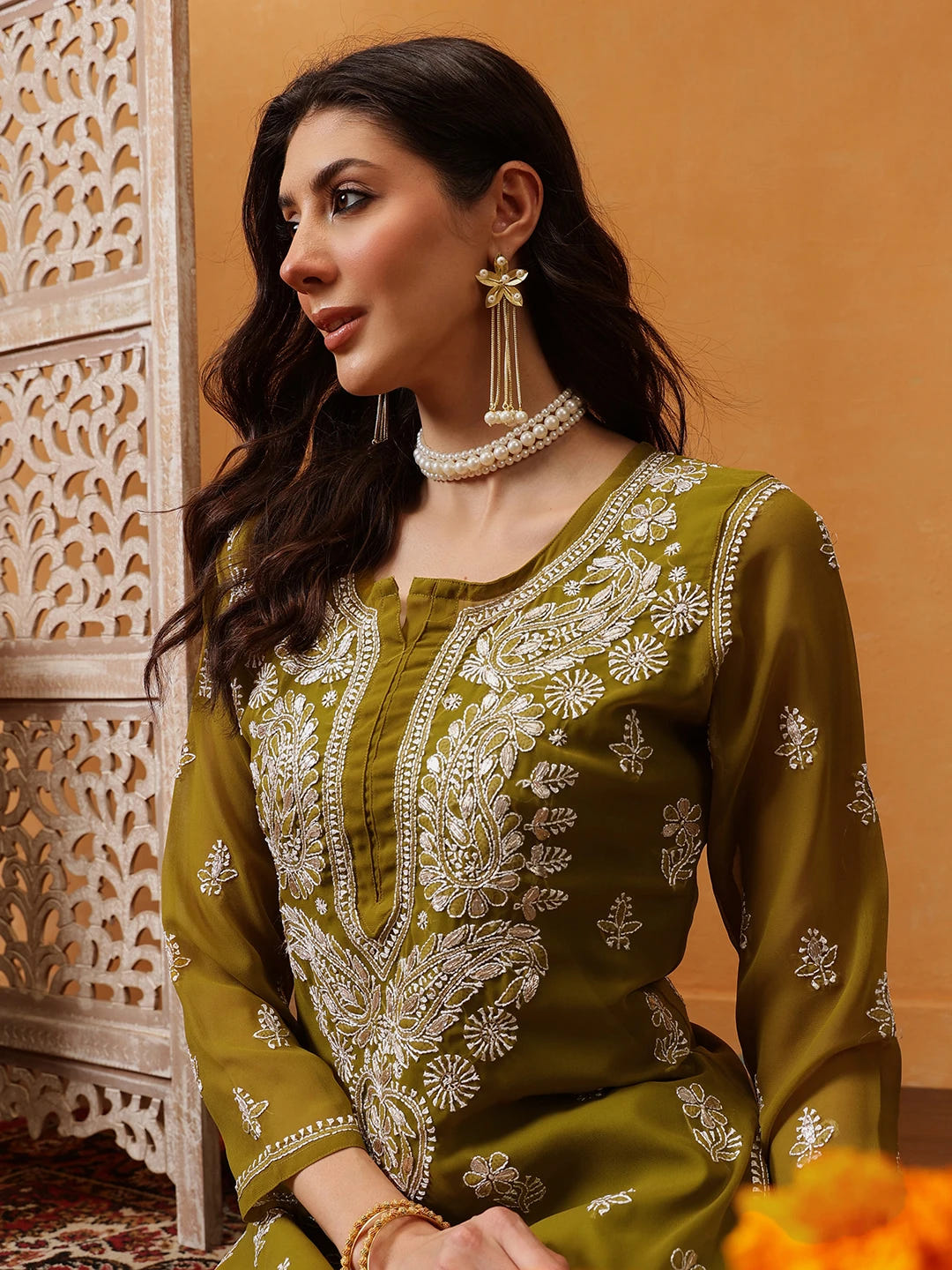 Ada Hand Embroidered Mehndi Green Georgette Lucknow Chikan Kurta/Slip with Gota Patti Work A411354
