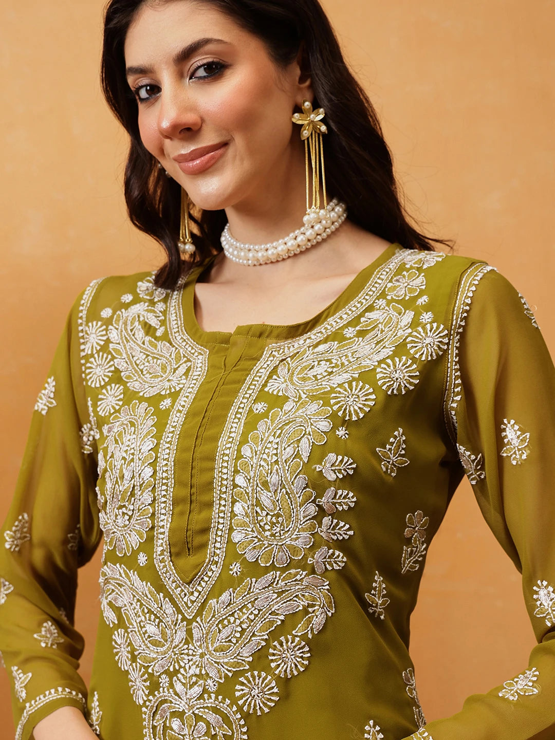 Ada Hand Embroidered Mehndi Green Georgette Lucknow Chikan Kurta/Slip with Gota Patti Work A411354