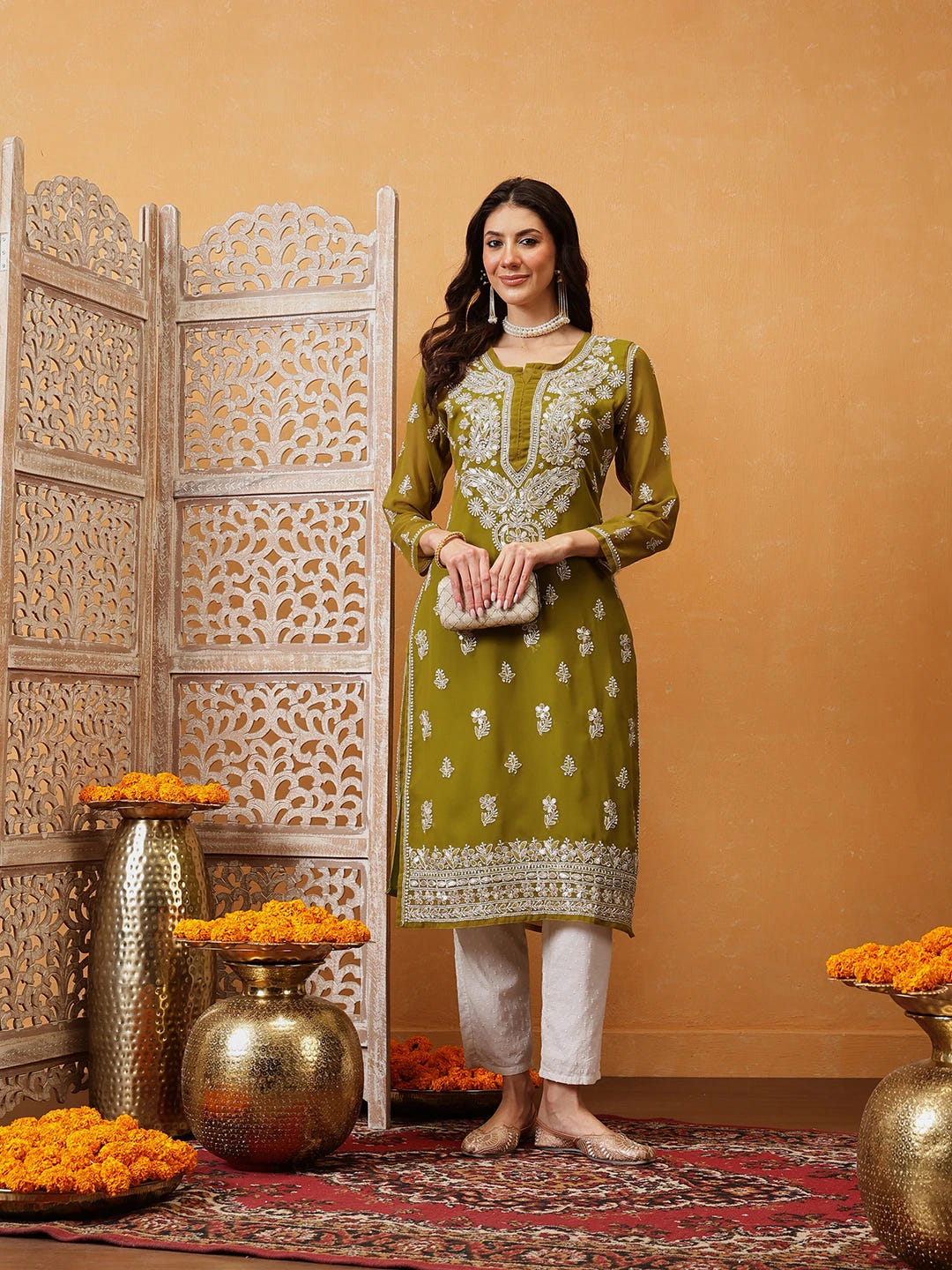 Ada Hand Embroidered Mehndi Green Georgette Lucknow Chikan Kurta/Slip with Gota Patti Work A411354
