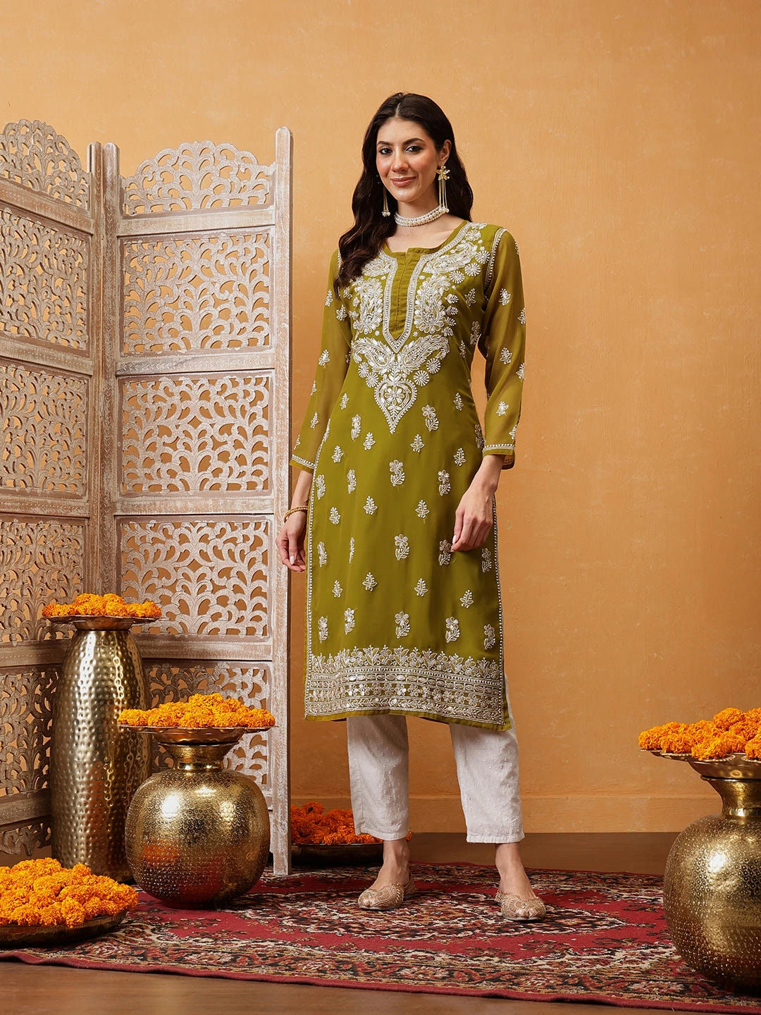Ada Hand Embroidered Mehndi Green Georgette Lucknow Chikan Kurta/Slip with Gota Patti Work A411354