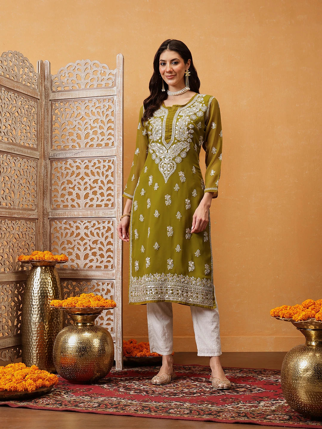 Ada Hand Embroidered Mehndi Green Georgette Lucknow Chikan Kurta/Slip with Gota Patti Work A411354