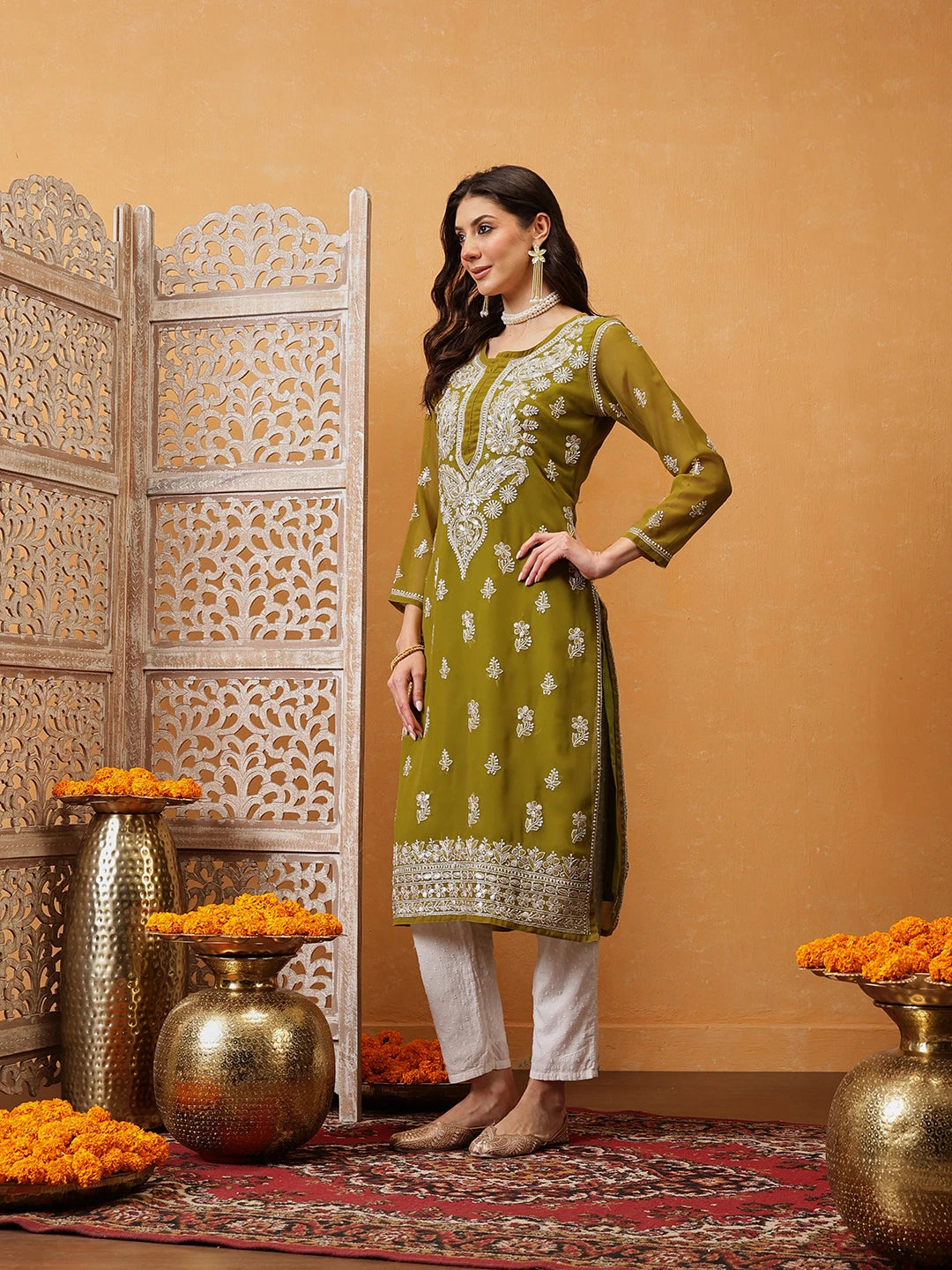 Ada Hand Embroidered Mehndi Green Georgette Lucknow Chikan Kurta/Slip with Gota Patti Work A411354