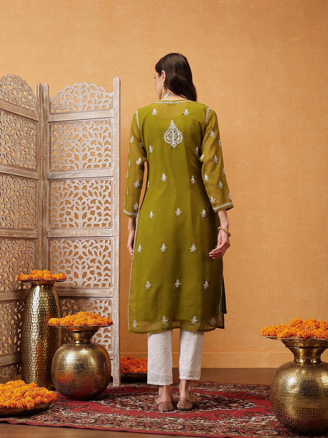 Ada Hand Embroidered Mehndi Green Georgette Lucknow Chikan Kurta/Slip with Gota Patti Work A411354