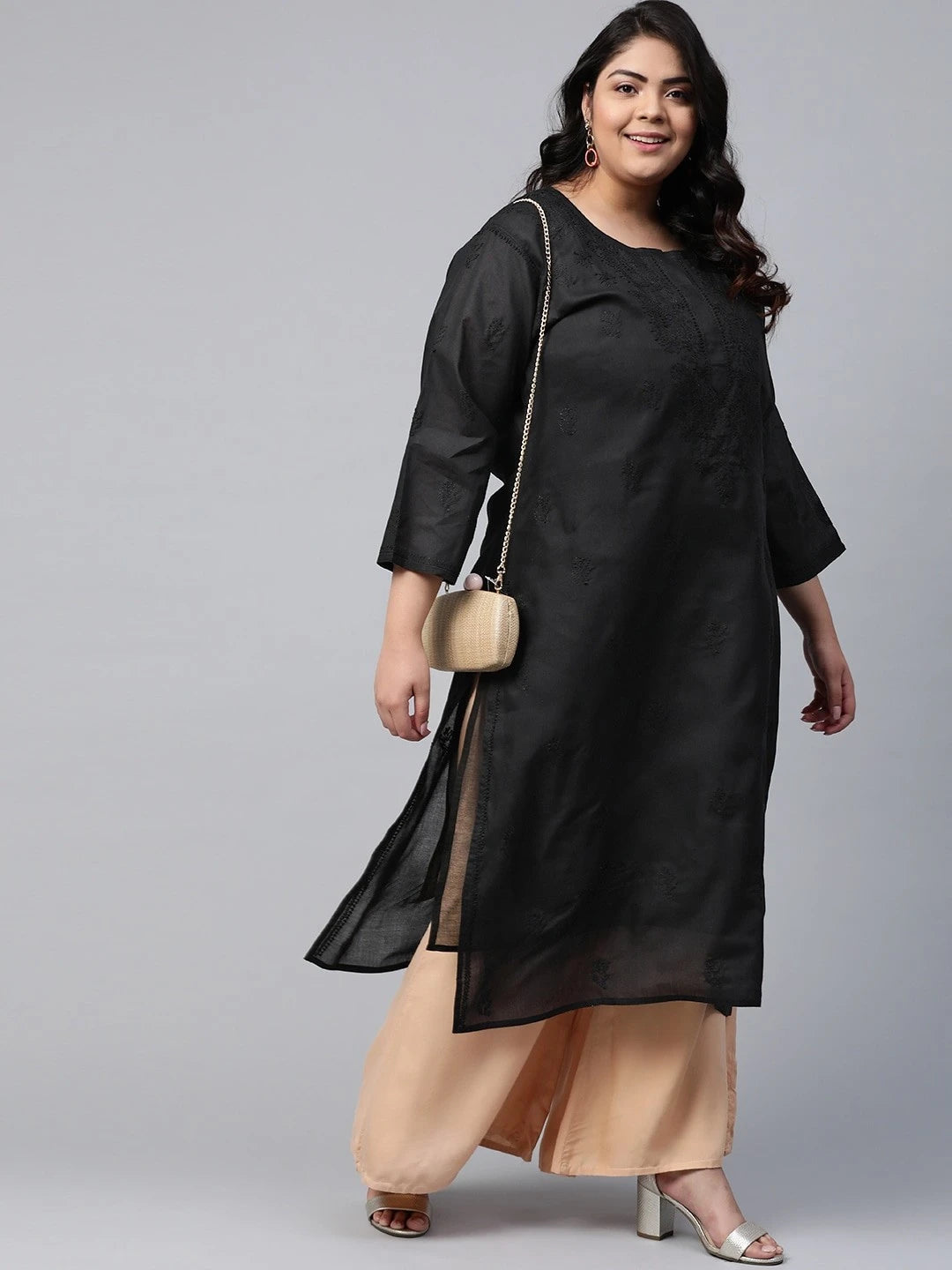 Ada Hand Embroidered Black Cotton Lucknow Chikan Kurta A215306