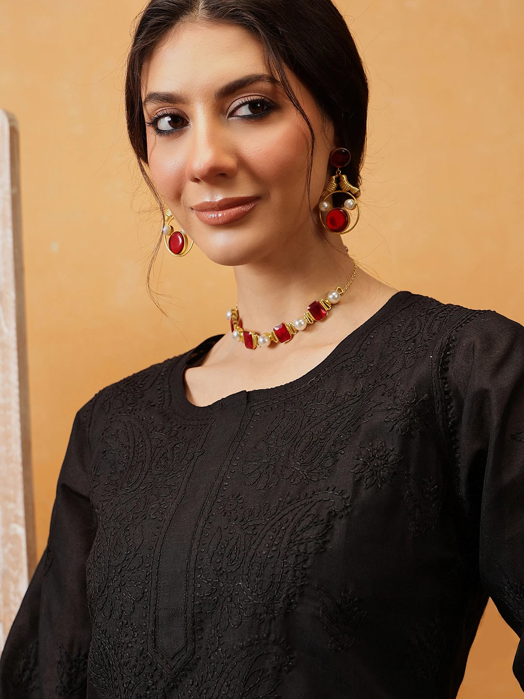Ada Hand Embroidered Black Cotton Lucknow Chikan Kurta A215306