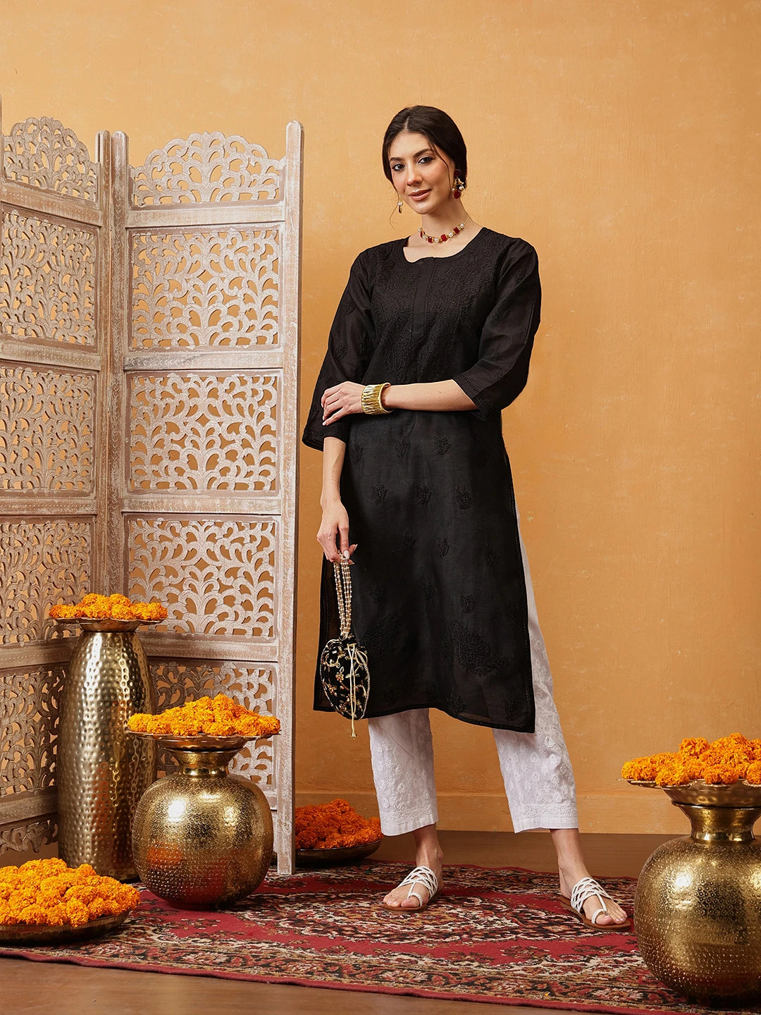 Ada Hand Embroidered Black Cotton Lucknow Chikan Kurta A215306