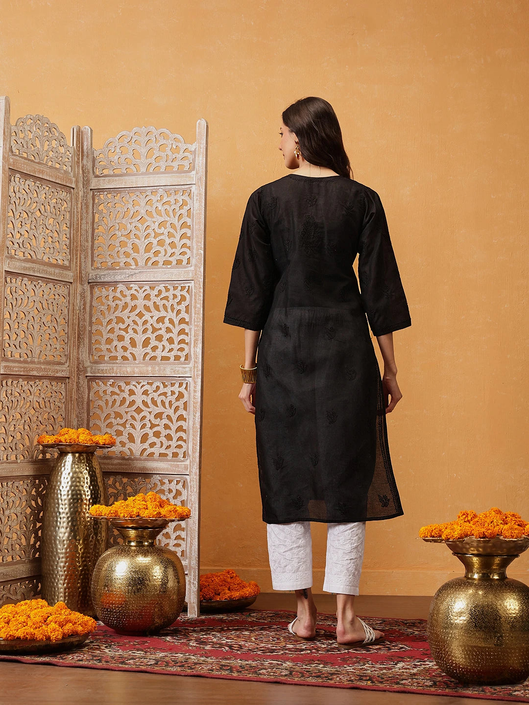 Ada Hand Embroidered Black Cotton Lucknow Chikan Kurta A215306