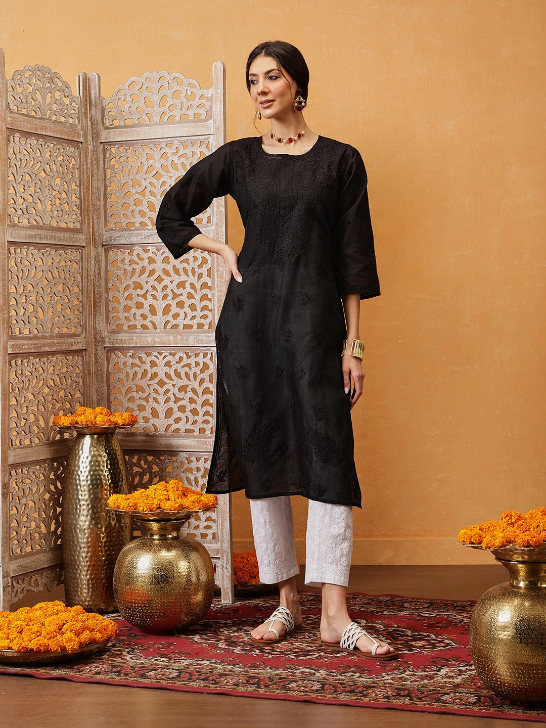 Ada Hand Embroidered Black Cotton Lucknow Chikan Kurta A215306