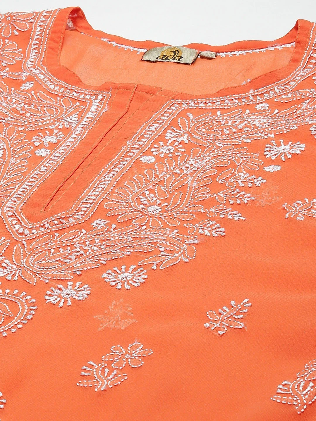 Ada Hand Embroidered Orange Georgette Lucknow Chikan Kurta with Slip A411348