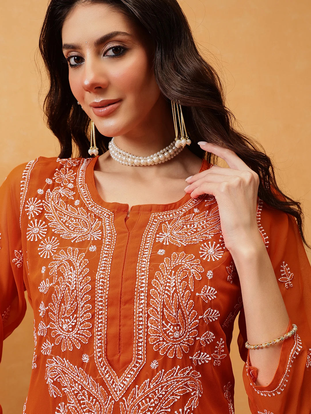 Ada Hand Embroidered Orange Georgette Lucknow Chikan Kurta with Slip A411348