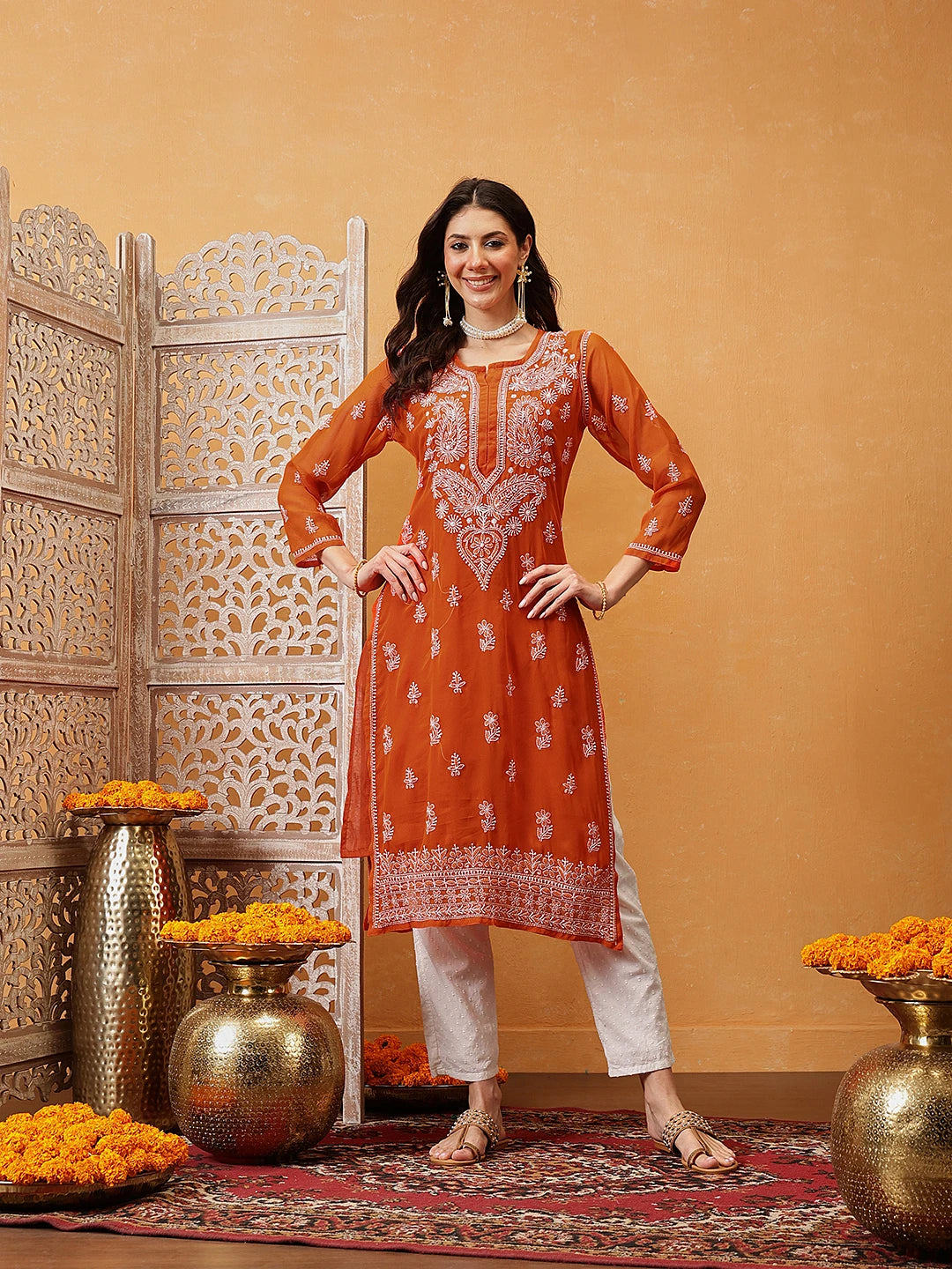 Ada Hand Embroidered Orange Georgette Lucknow Chikan Kurta with Slip A411348