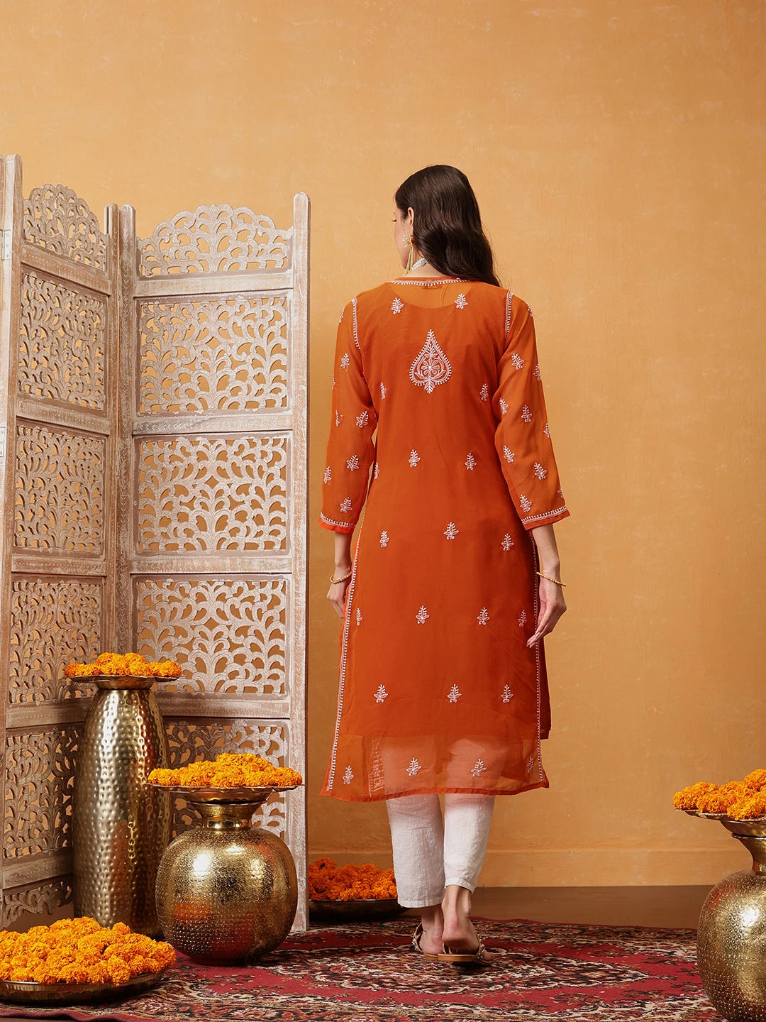 Ada Hand Embroidered Orange Georgette Lucknow Chikan Kurta with Slip A411348