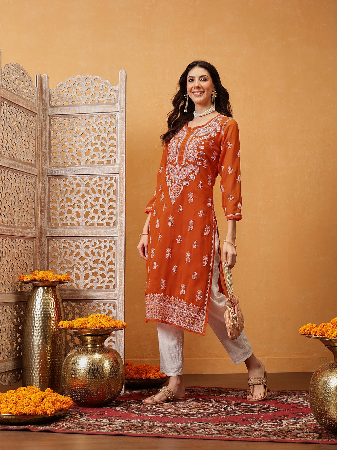 Ada Hand Embroidered Orange Georgette Lucknow Chikan Kurta with Slip A411348