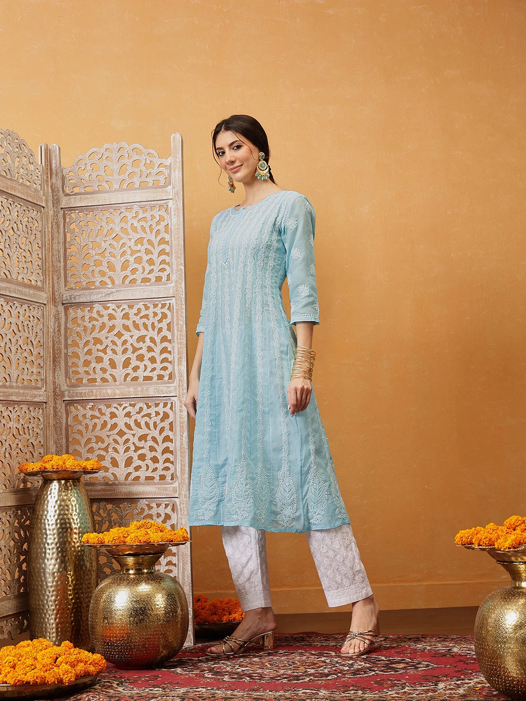 Ada Hand Embroidered Sky Blue Cotton Lucknowi Chikankari Anarkali A-line Kurta A411745
