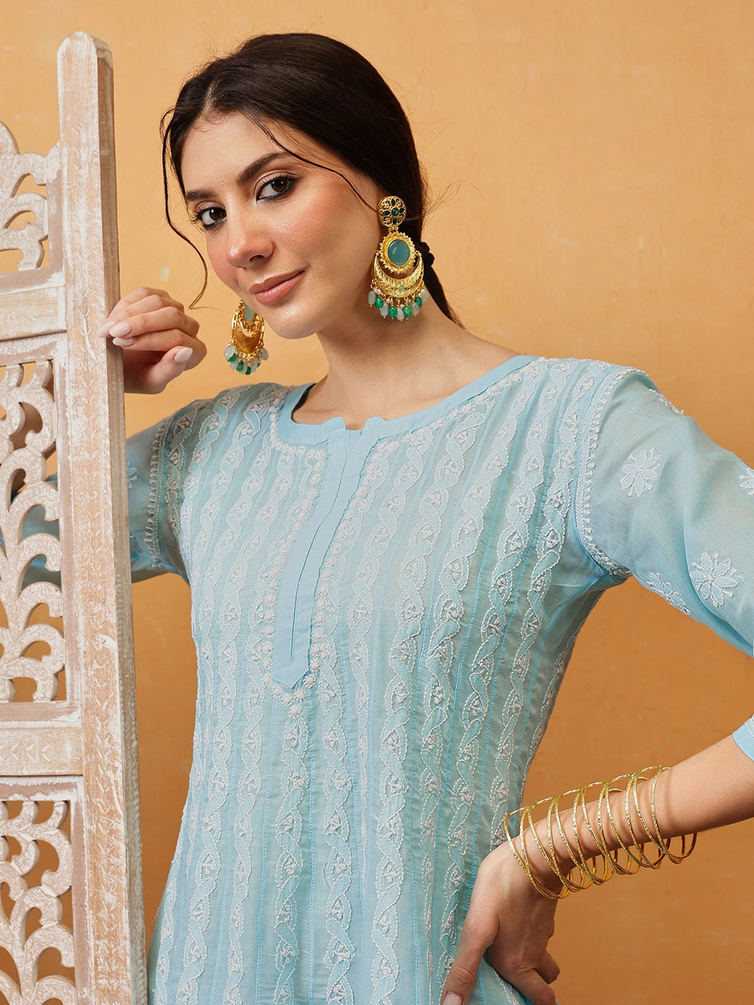Ada Hand Embroidered Sky Blue Cotton Lucknowi Chikankari Anarkali A-line Kurta A411745