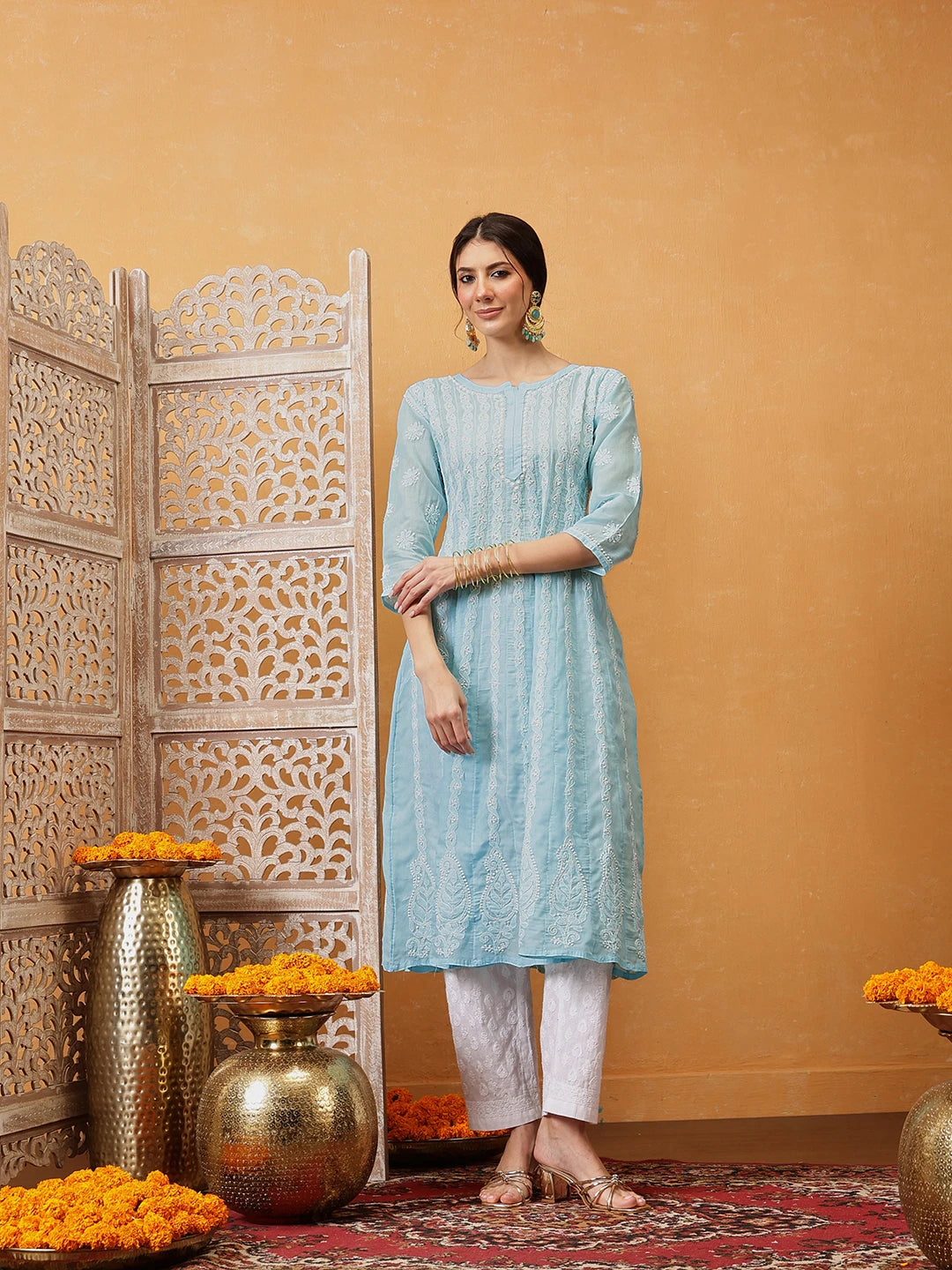 Ada Hand Embroidered Sky Blue Cotton Lucknowi Chikankari Anarkali A-line Kurta A411745