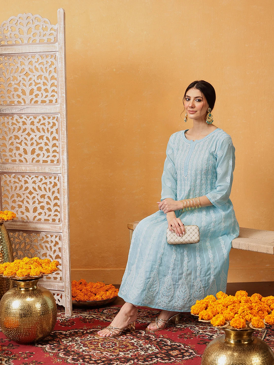 Ada Hand Embroidered Sky Blue Cotton Lucknowi Chikankari Anarkali A-line Kurta A411745