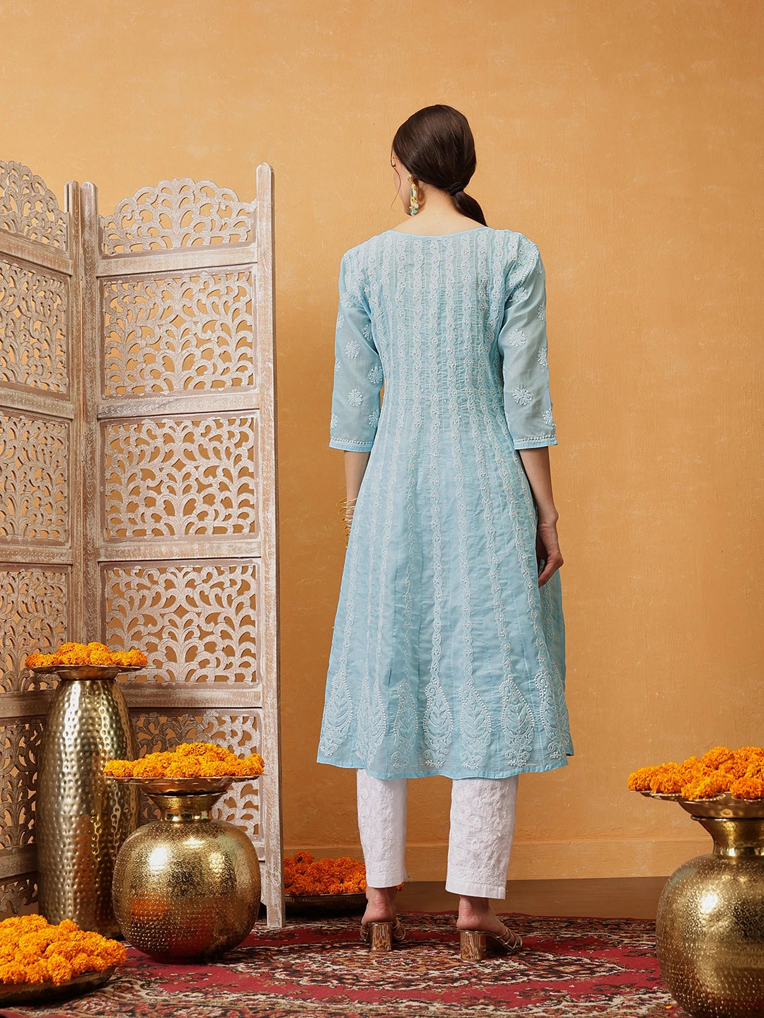 Ada Hand Embroidered Sky Blue Cotton Lucknowi Chikankari Anarkali A-line Kurta A411745