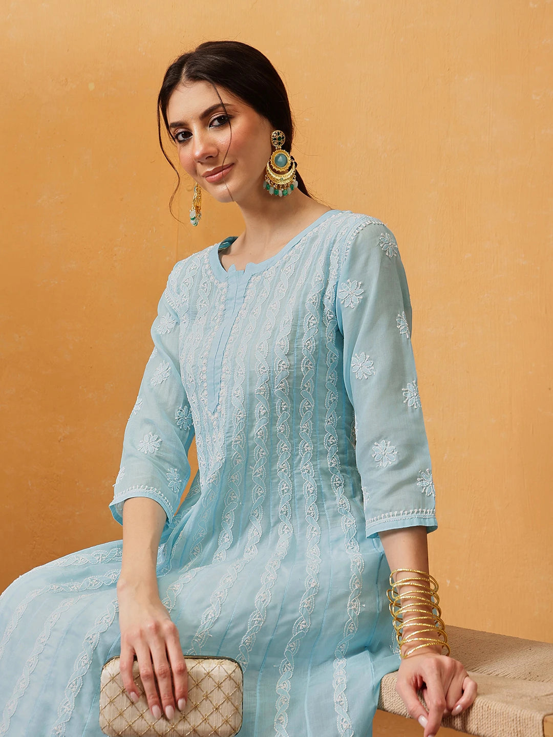 Ada Hand Embroidered Sky Blue Cotton Lucknowi Chikankari Anarkali A-line Kurta A411745