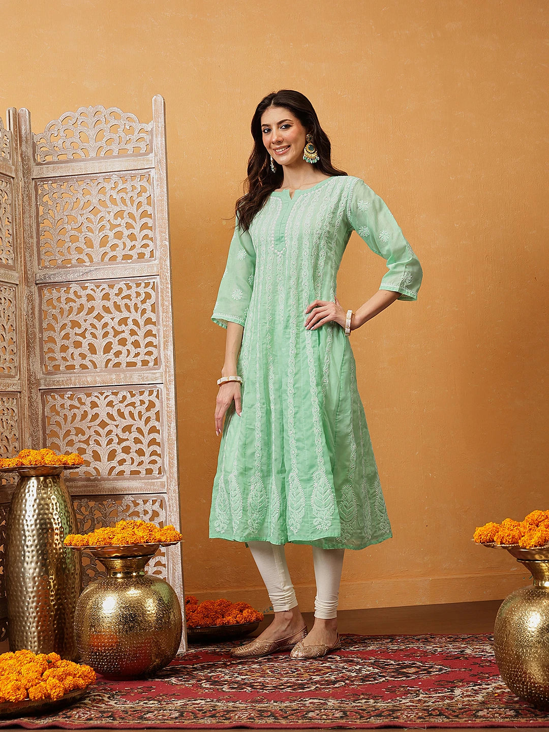 Ada Hand Embroidered Sea Green Cotton Lucknowi Chikankari Anarkali A-line Kurta A411748