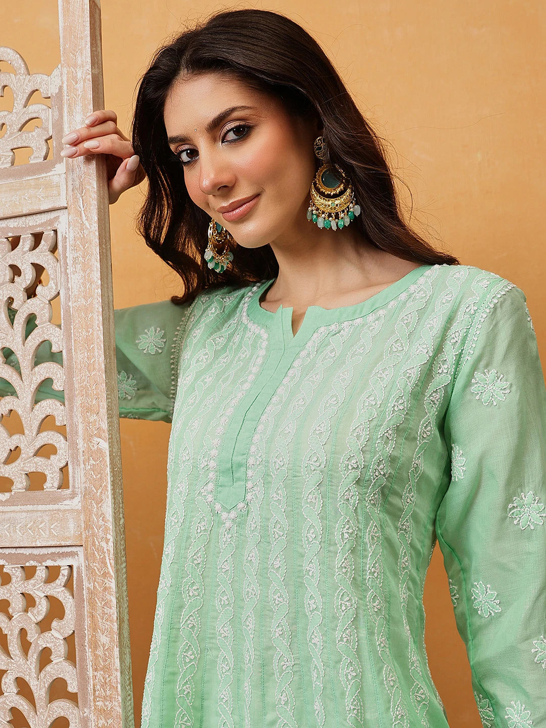 Ada Hand Embroidered Sea Green Cotton Lucknowi Chikankari Anarkali A-line Kurta A411748