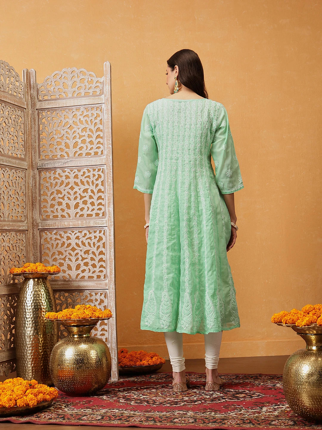 Ada Hand Embroidered Sea Green Cotton Lucknowi Chikankari Anarkali A-line Kurta A411748