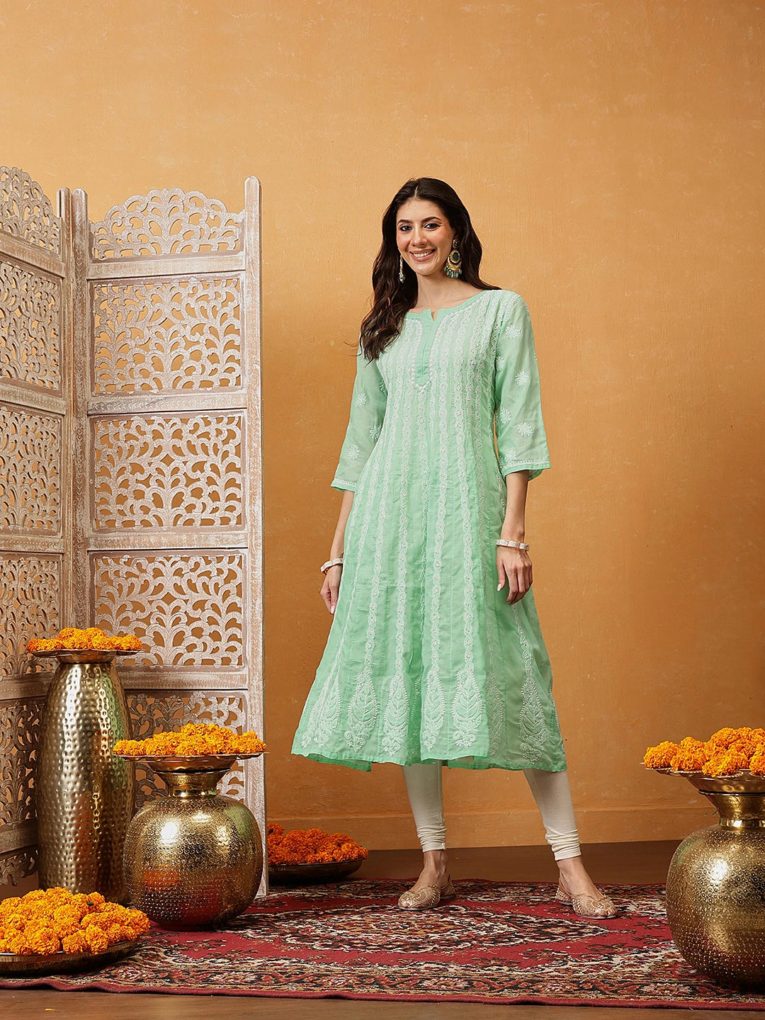 Ada Hand Embroidered Sea Green Cotton Lucknowi Chikankari Anarkali A-line Kurta A411748