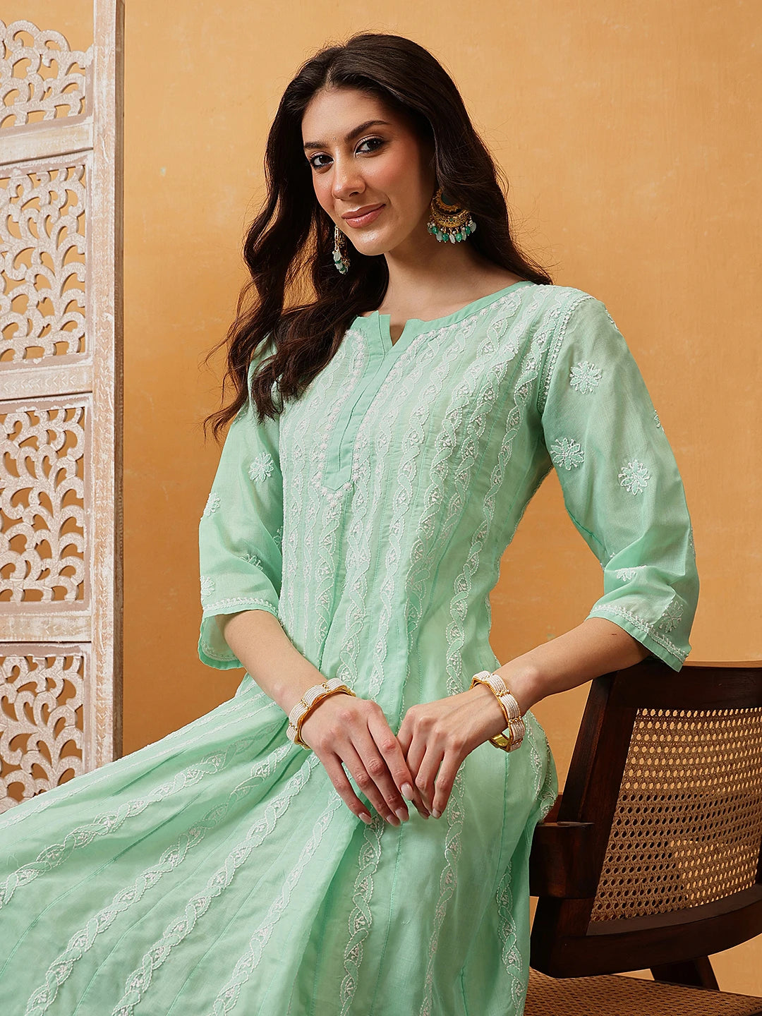Ada Hand Embroidered Sea Green Cotton Lucknowi Chikankari Anarkali A-line Kurta A411748