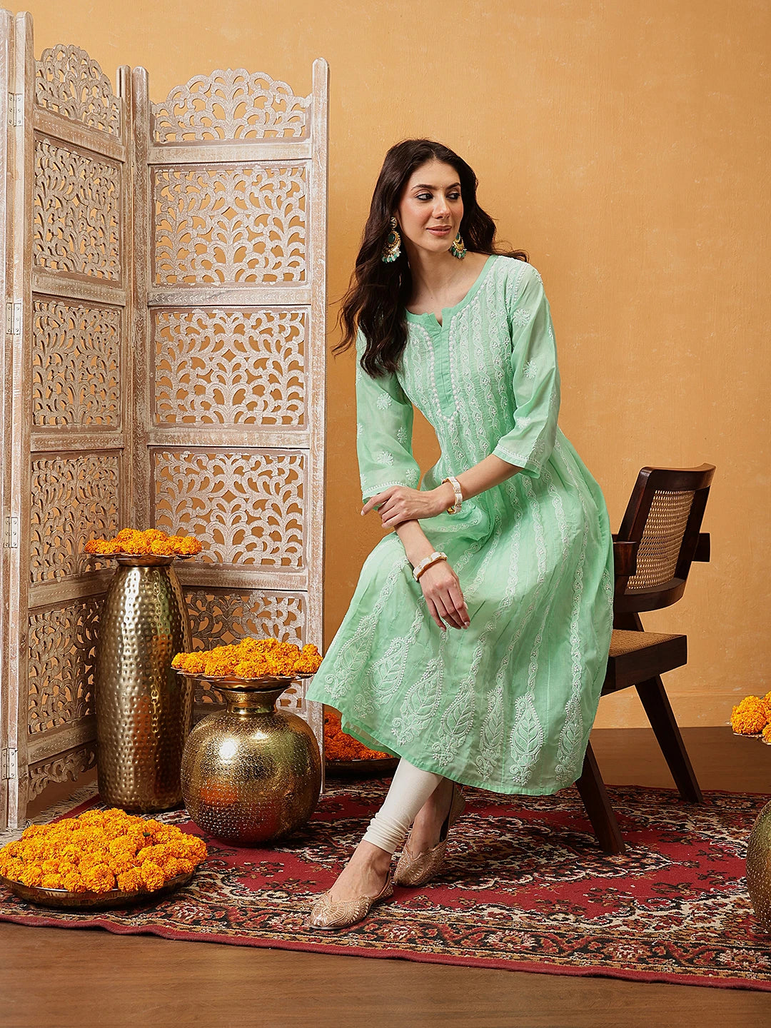 Ada Hand Embroidered Sea Green Cotton Lucknowi Chikankari Anarkali A-line Kurta A411748