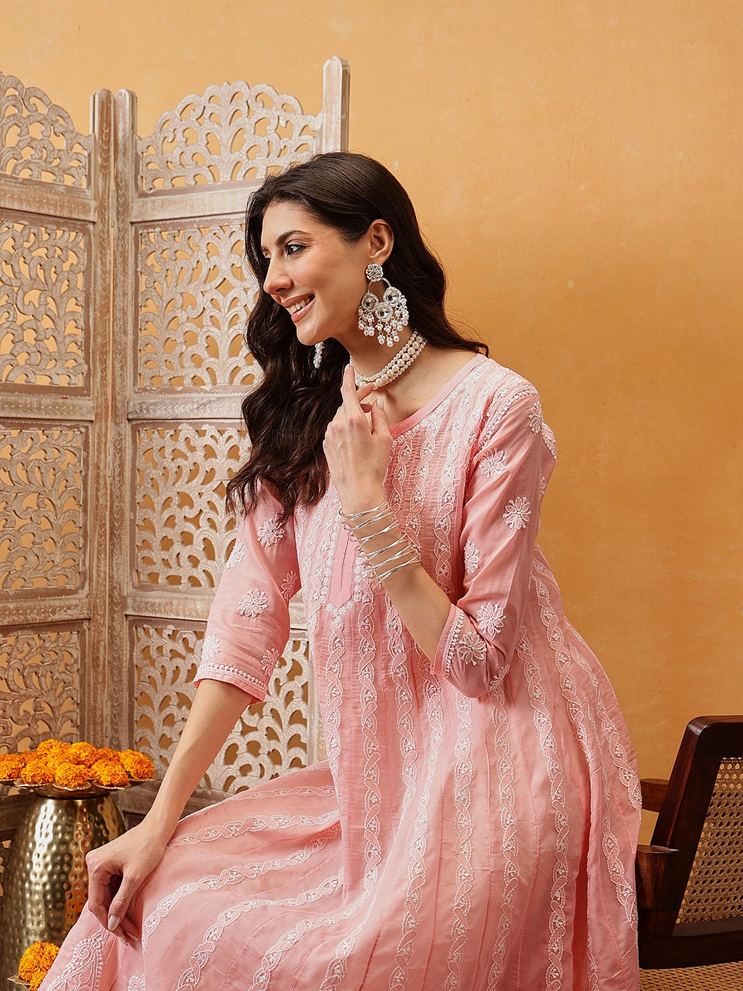 Ada Hand Embroidered Peach Cotton Lucknowi Chikankari Anarkali A-line Kurta A411730