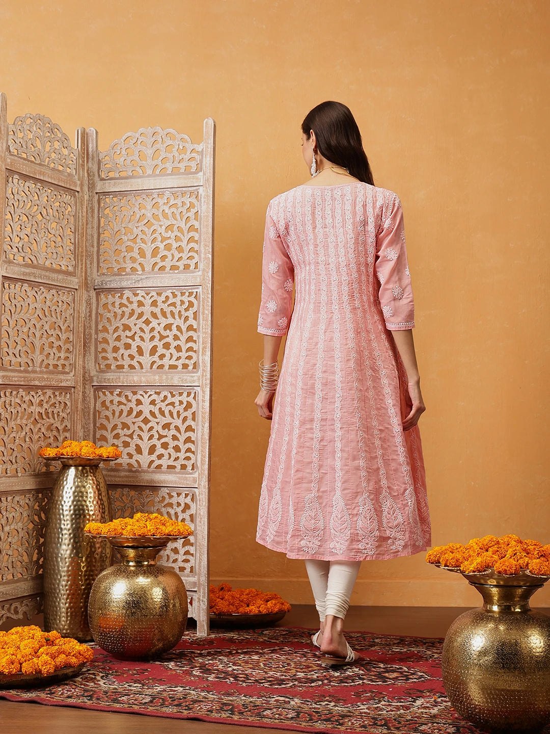 Ada Hand Embroidered Peach Cotton Lucknowi Chikankari Anarkali A-line Kurta A411730