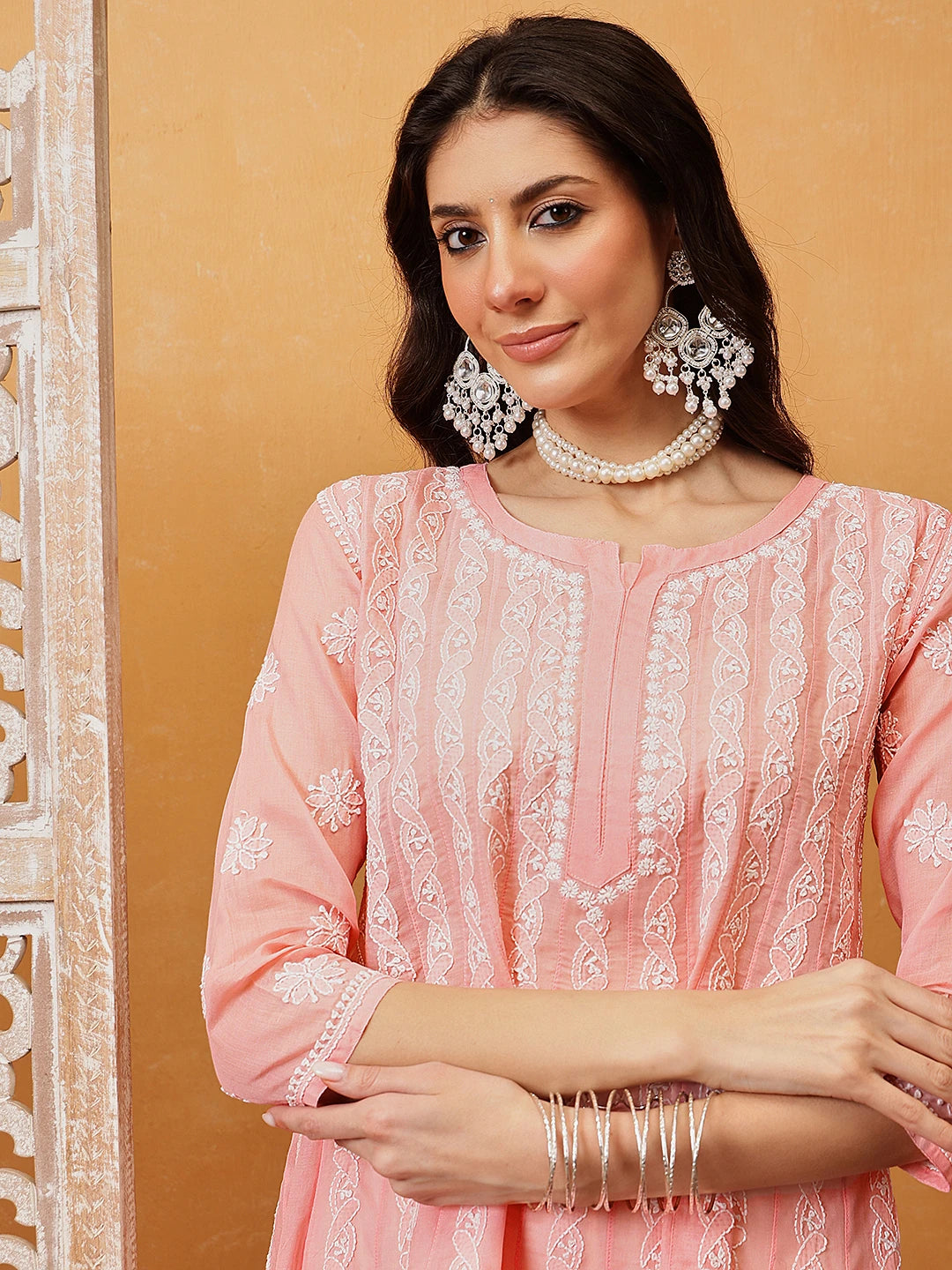 Ada Hand Embroidered Peach Cotton Lucknowi Chikankari Anarkali A-line Kurta A411730