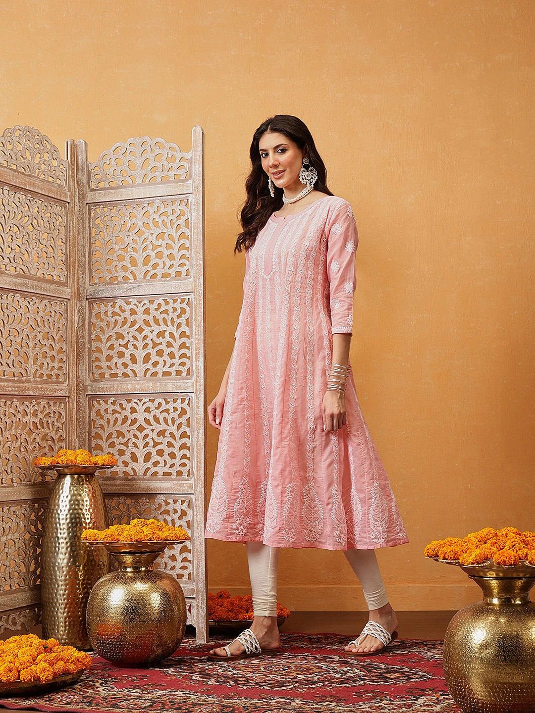 Ada Hand Embroidered Peach Cotton Lucknowi Chikankari Anarkali A-line Kurta A411730