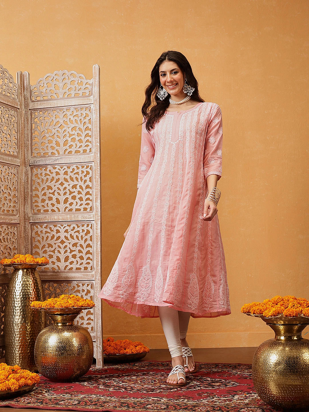 Ada Hand Embroidered Peach Cotton Lucknowi Chikankari Anarkali A-line Kurta A411730