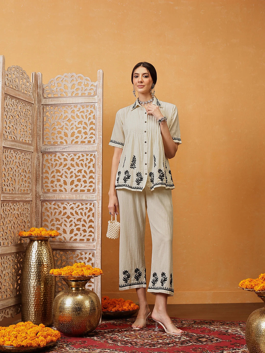 Ada Hand Embroidered Cream Khadi Cotton Lucknowi Chikankari Co-Ord Set A811309