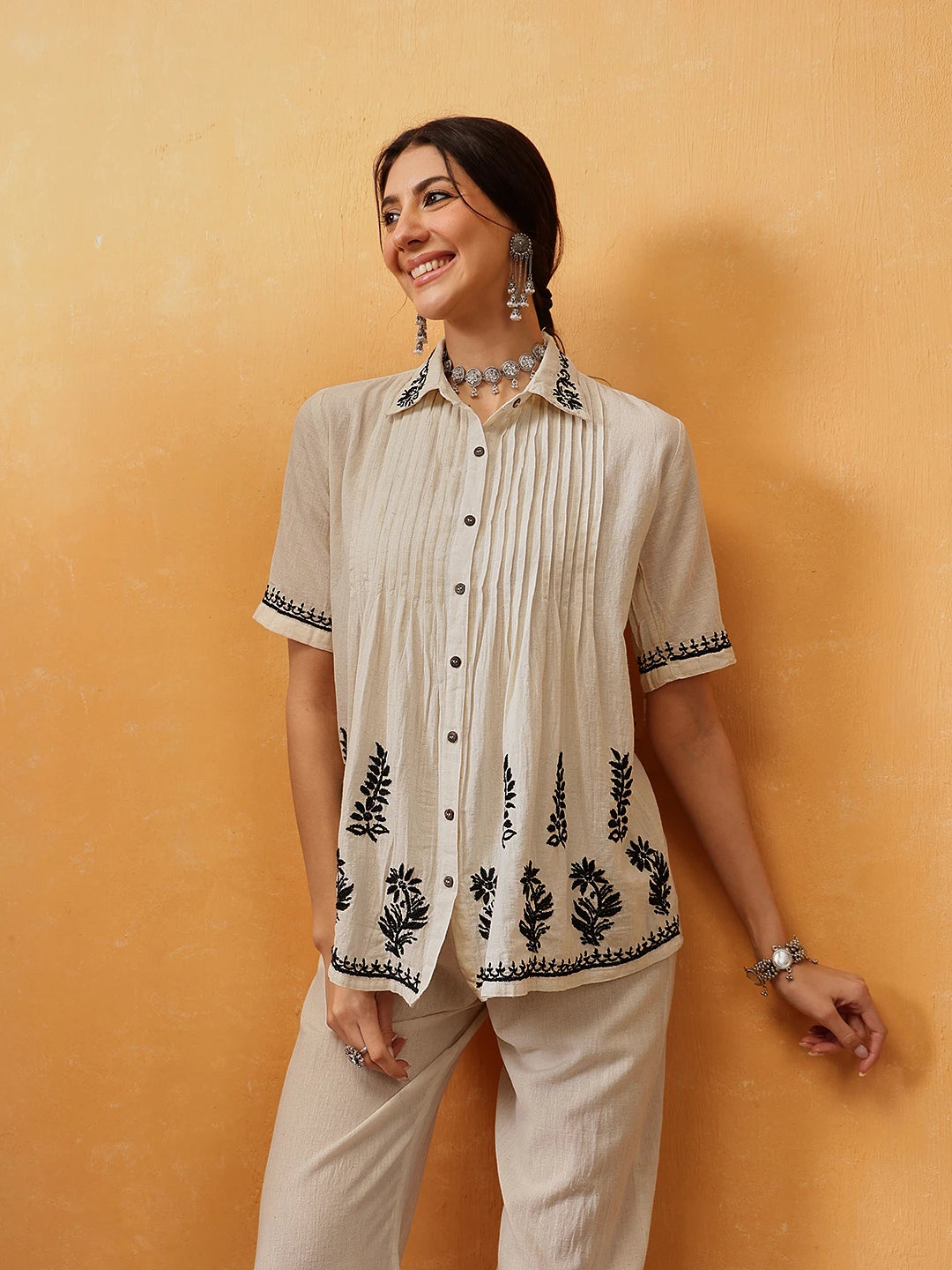 Ada Hand Embroidered Cream Khadi Cotton Lucknowi Chikankari Co-Ord Set A811309