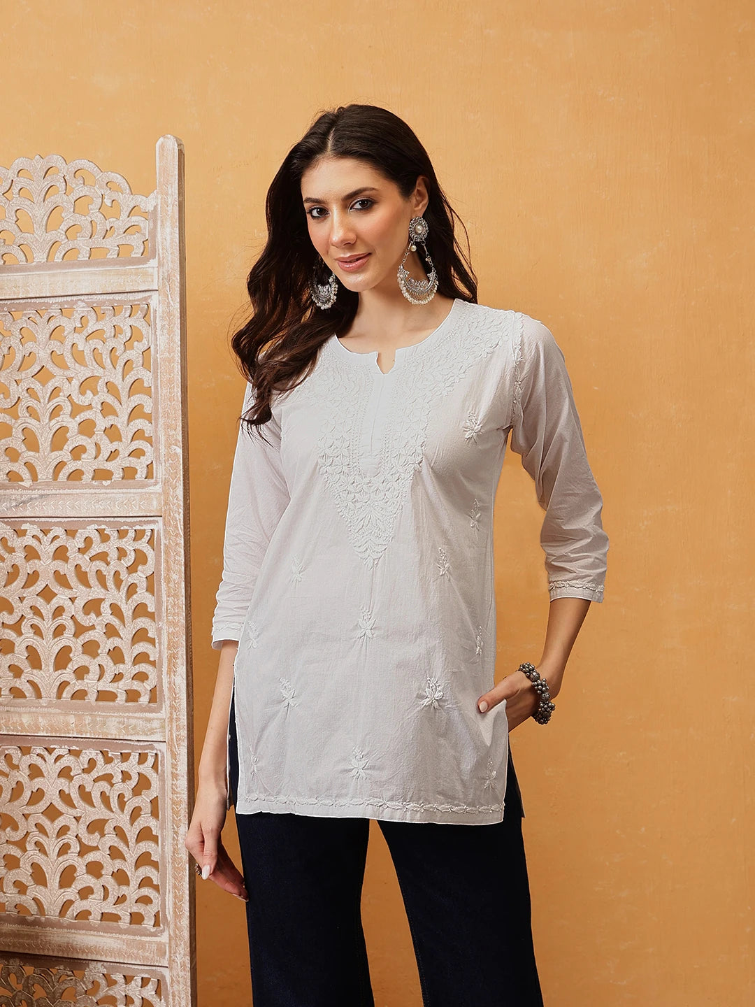Ada Hand Embroidered White Cotton Lucknowi Chikankari Short Kurti A911480
