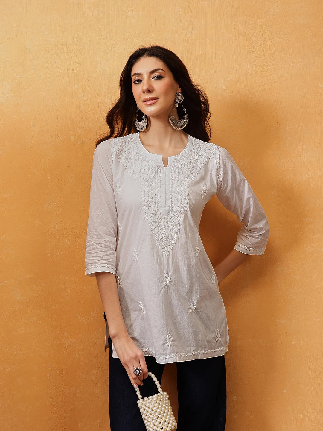 Ada Hand Embroidered White Cotton Lucknowi Chikankari Short Kurti A911480
