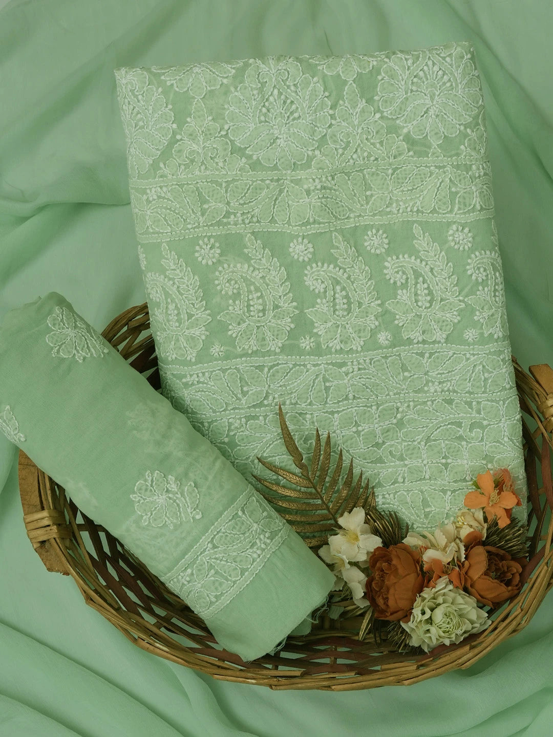 Ada Hand Embroidered Light Green Cotton Lucknowi Chikankari Unstitched Suit Piece 01A677455