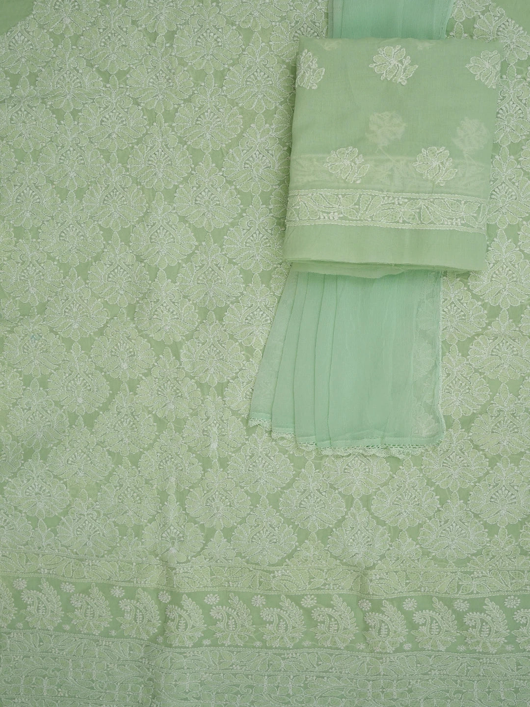 Ada Hand Embroidered Light Green Cotton Lucknowi Chikankari Unstitched Suit Piece 01A677455